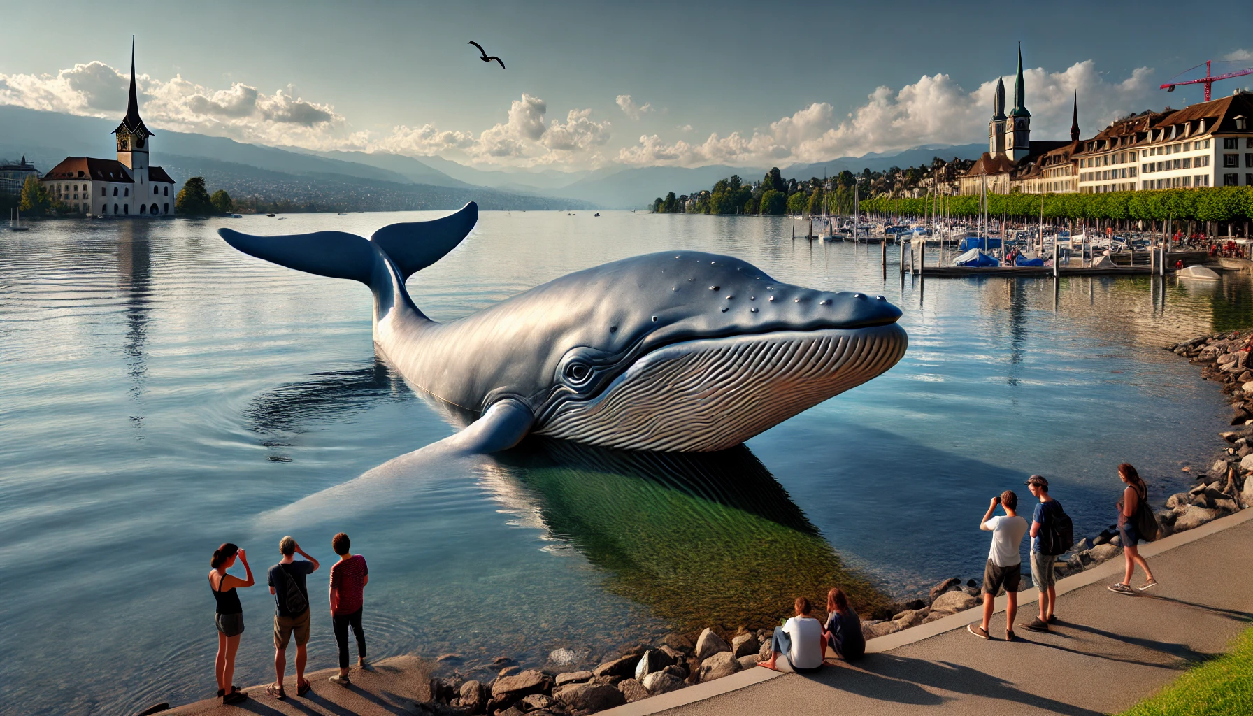 Kunstinstallation eines lebensgroßen Pottwals am Zürichsee, der wie gestrandet am Utoquai liegt.
